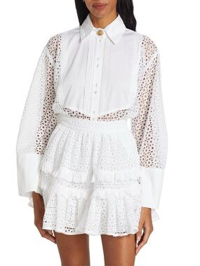Aje White Eyelet Cotton Shirt & Tiered Skirt Set